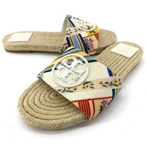 Tory Burch Benton Multicolor Ribbon Printed Canvas Espadrille Open Toe Sandals